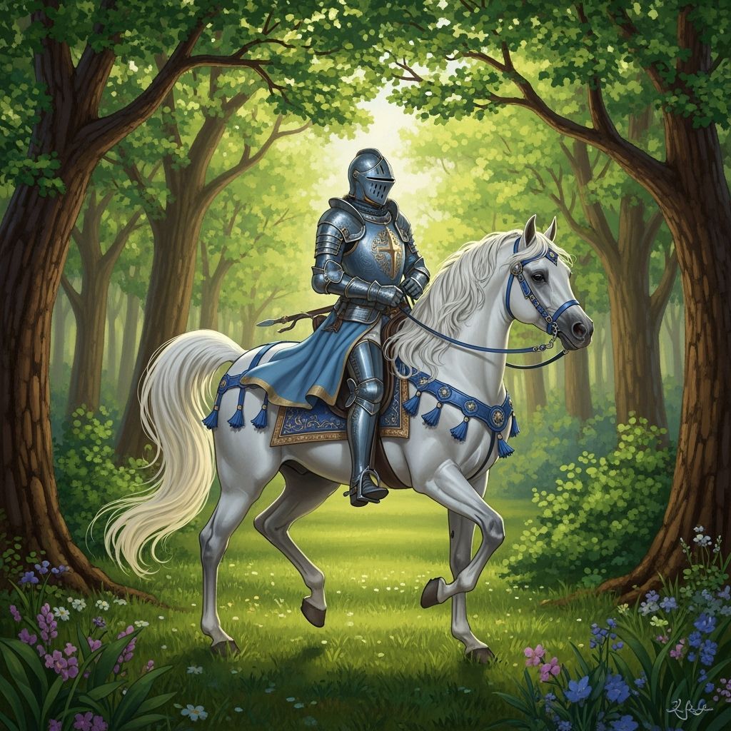 Knight on White Horse in Forest, Romantic Style