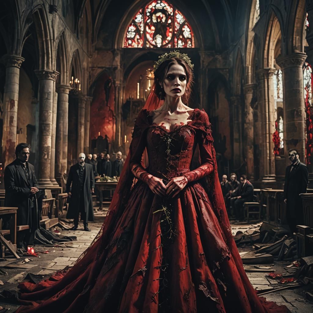 Vampire Bride in Ruined Church: A Dark Romantic Oil Painting