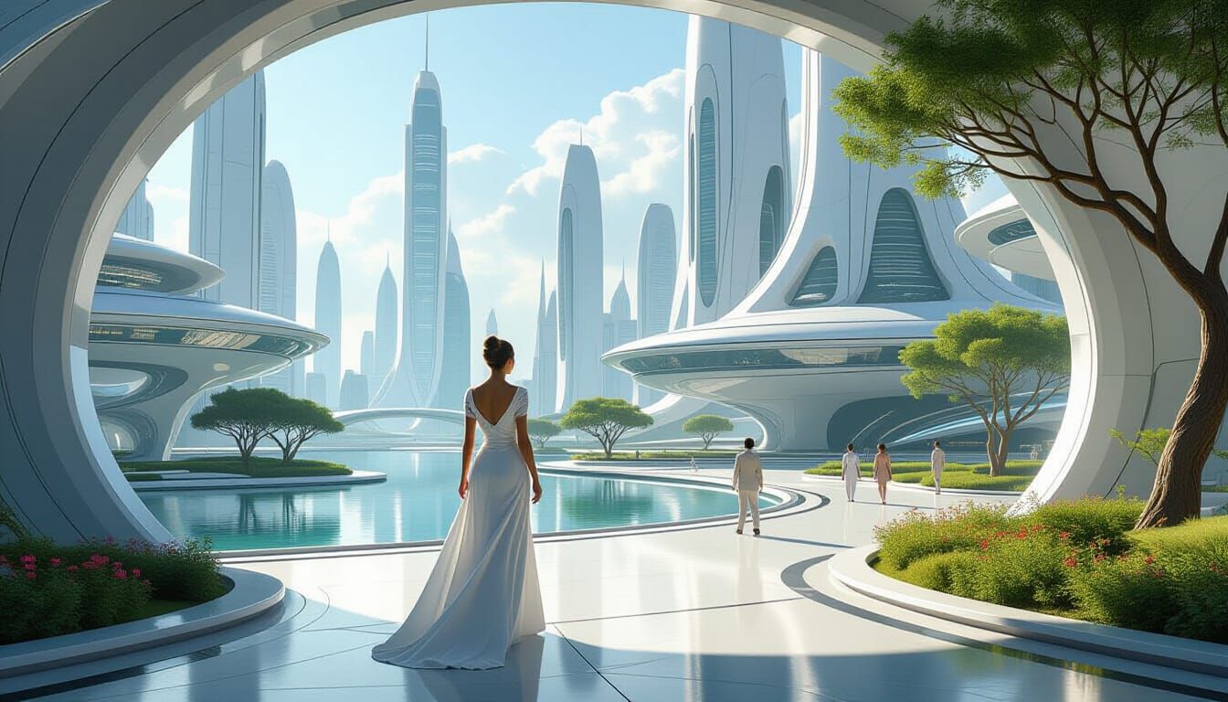 Utopian Future Cityscape in Frutiger Aero Style