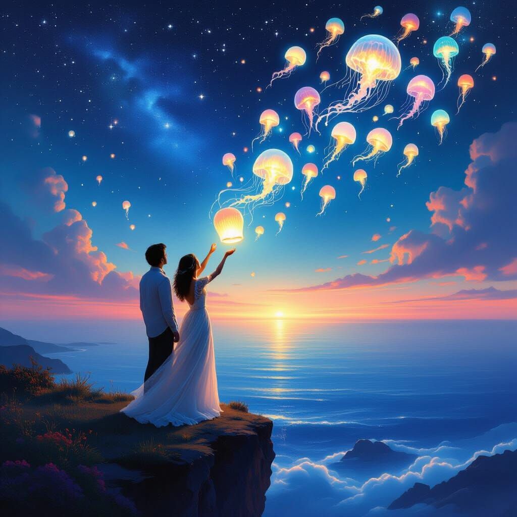 Cosmic Lanterns: Surreal Starlit Ocean Scene