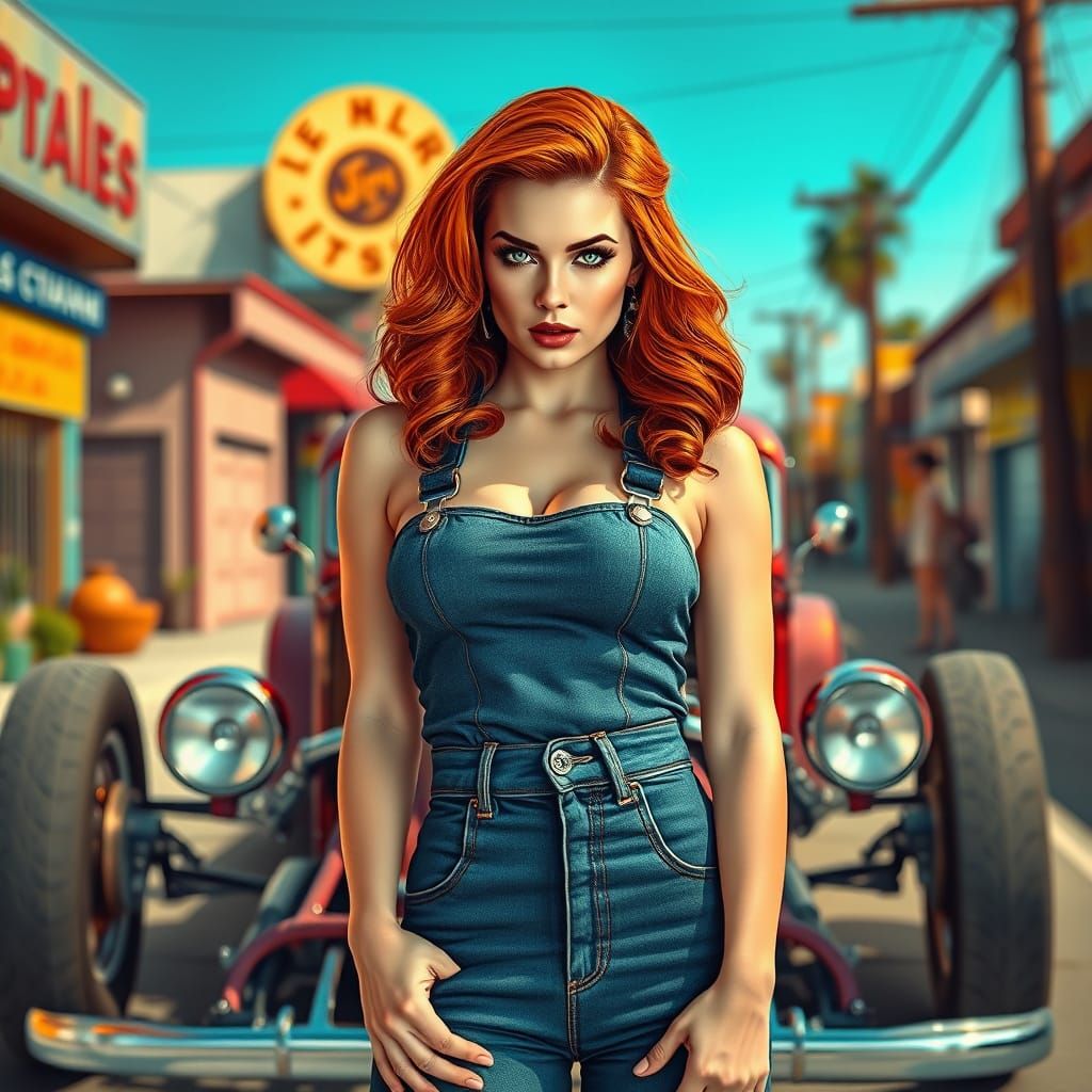 Vintage Pinup Girl Poses by a Customized Rat Rod in 1950s LA