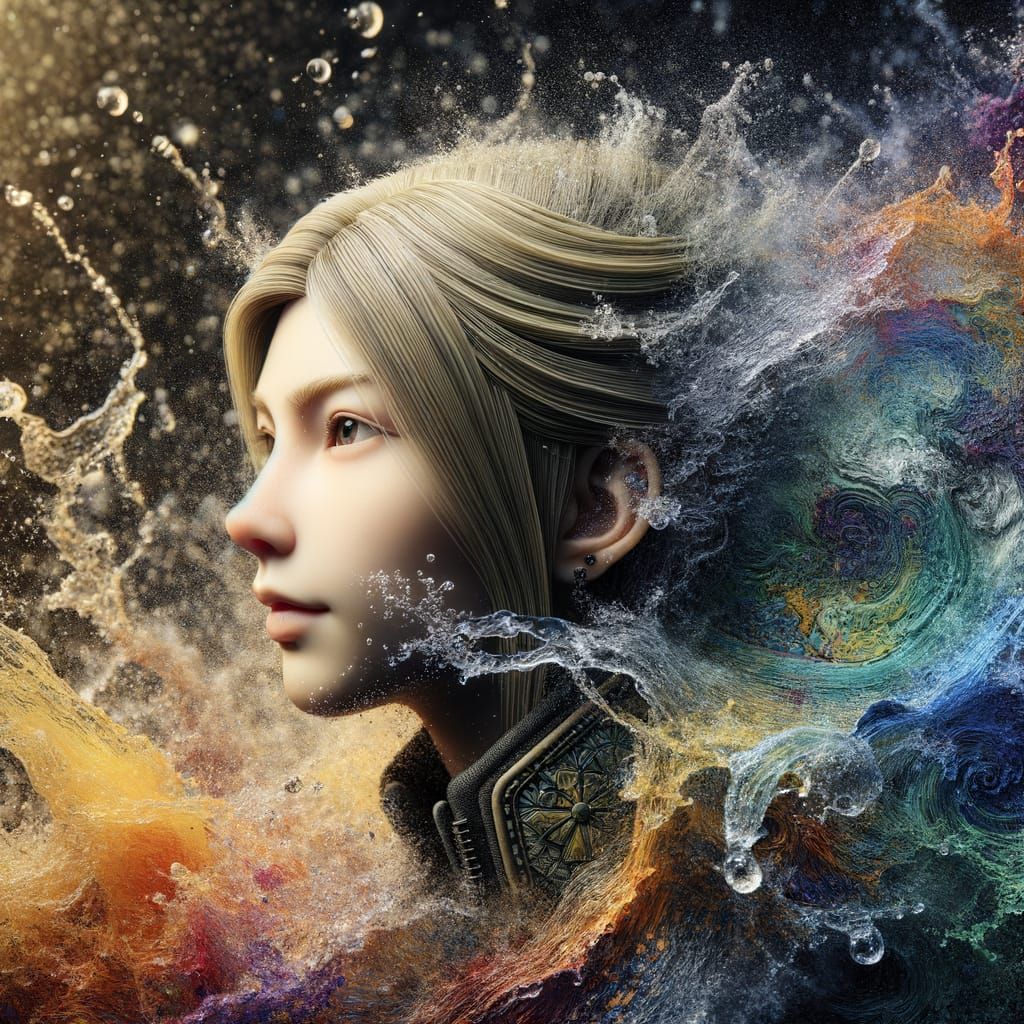 Fair-Haired Girl Swimming in Sea, Hyperrealistic Splash Art