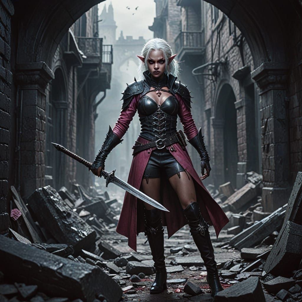 Drow Elf in Forgotten City: Dark Fantasy Art