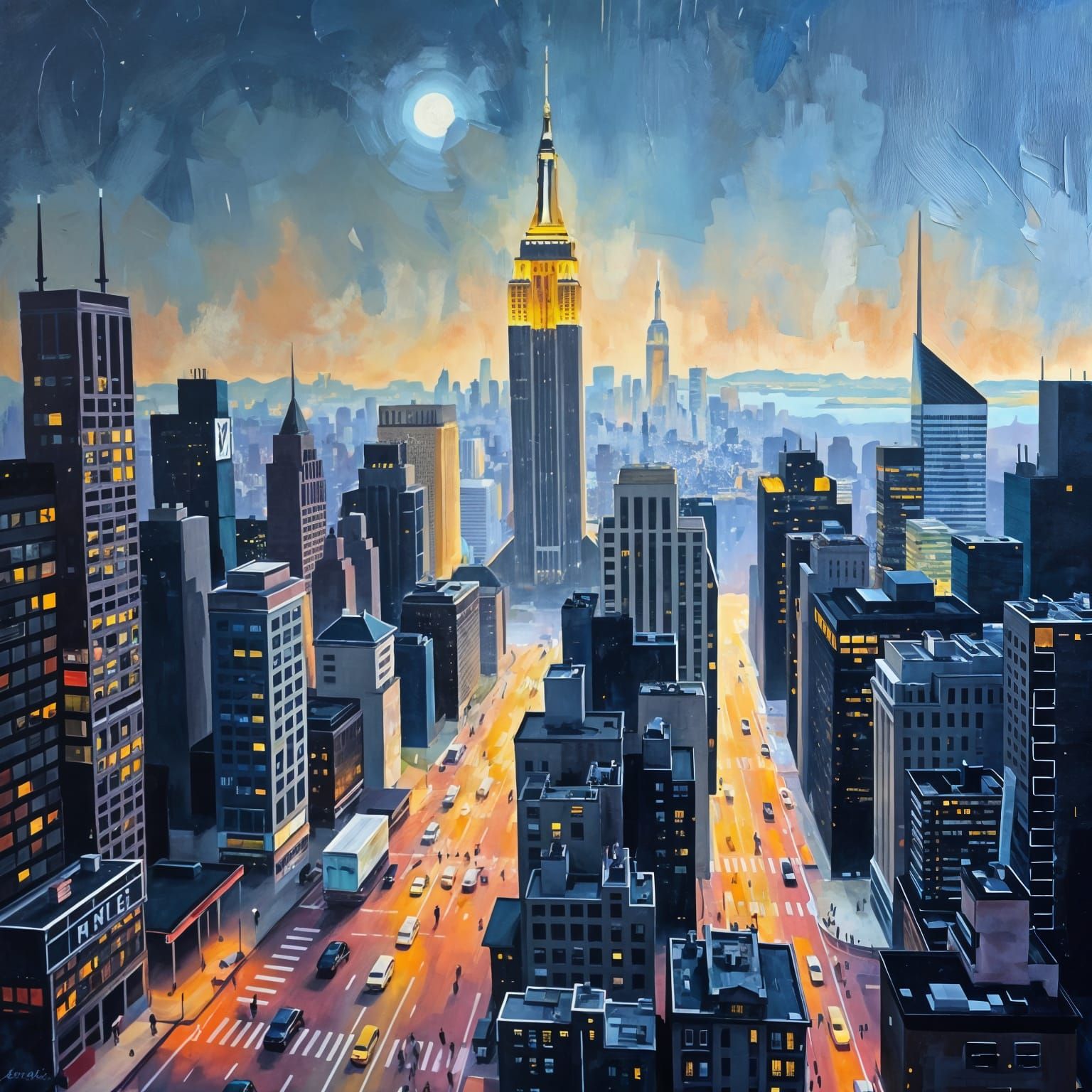 New York City Nightscape: Impressionistic Oil Painting