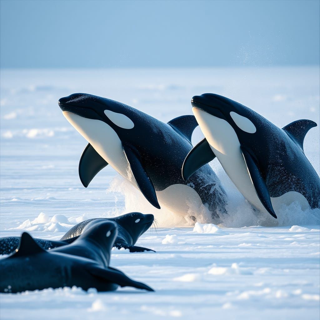 Sleek Orcas Hunt in Unison Under Icy Skies