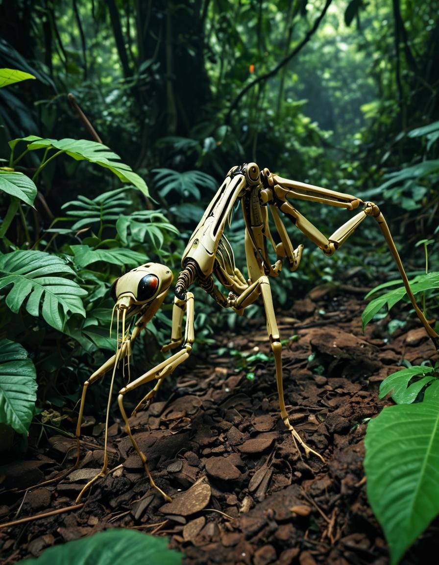 a photo of a cyborg mantis in a jungle with the remains of a...
