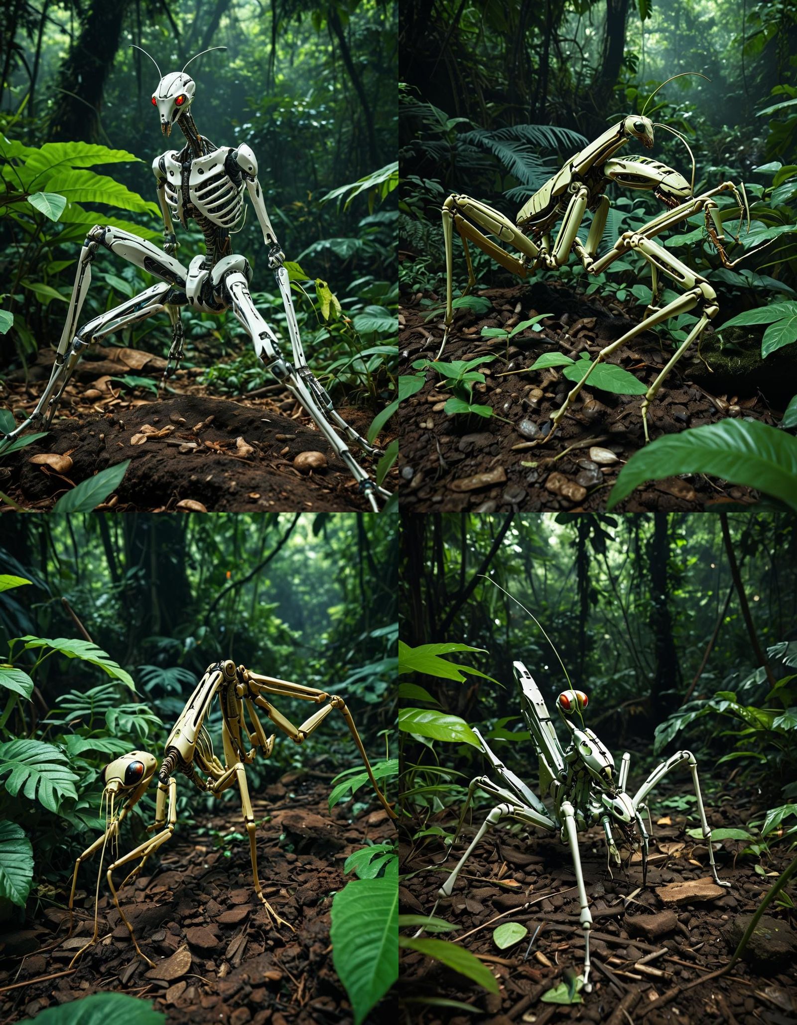 a photo of a cyborg mantis in a jungle with the remains of a...