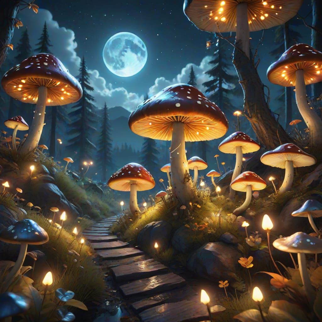 Moonlit Autumn Dreamscape with Glowing Mushrooms