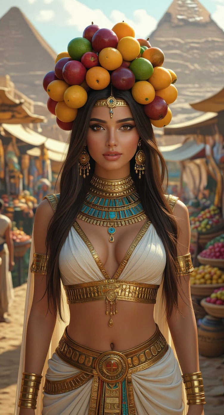 Egyptian Woman with Fruit Bouquet, Hyperdetailed Portrait