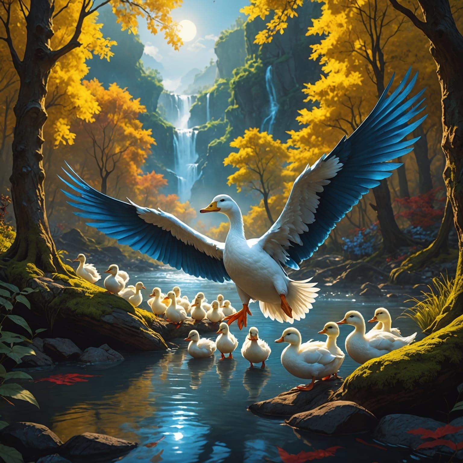 Dragon-Winged Ducks over Magma River: Fantasy Concept Art