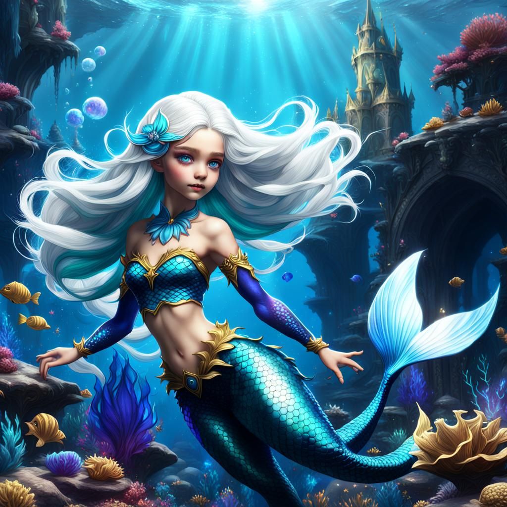 Mermaid Princess with White Hair: Fantasy Art