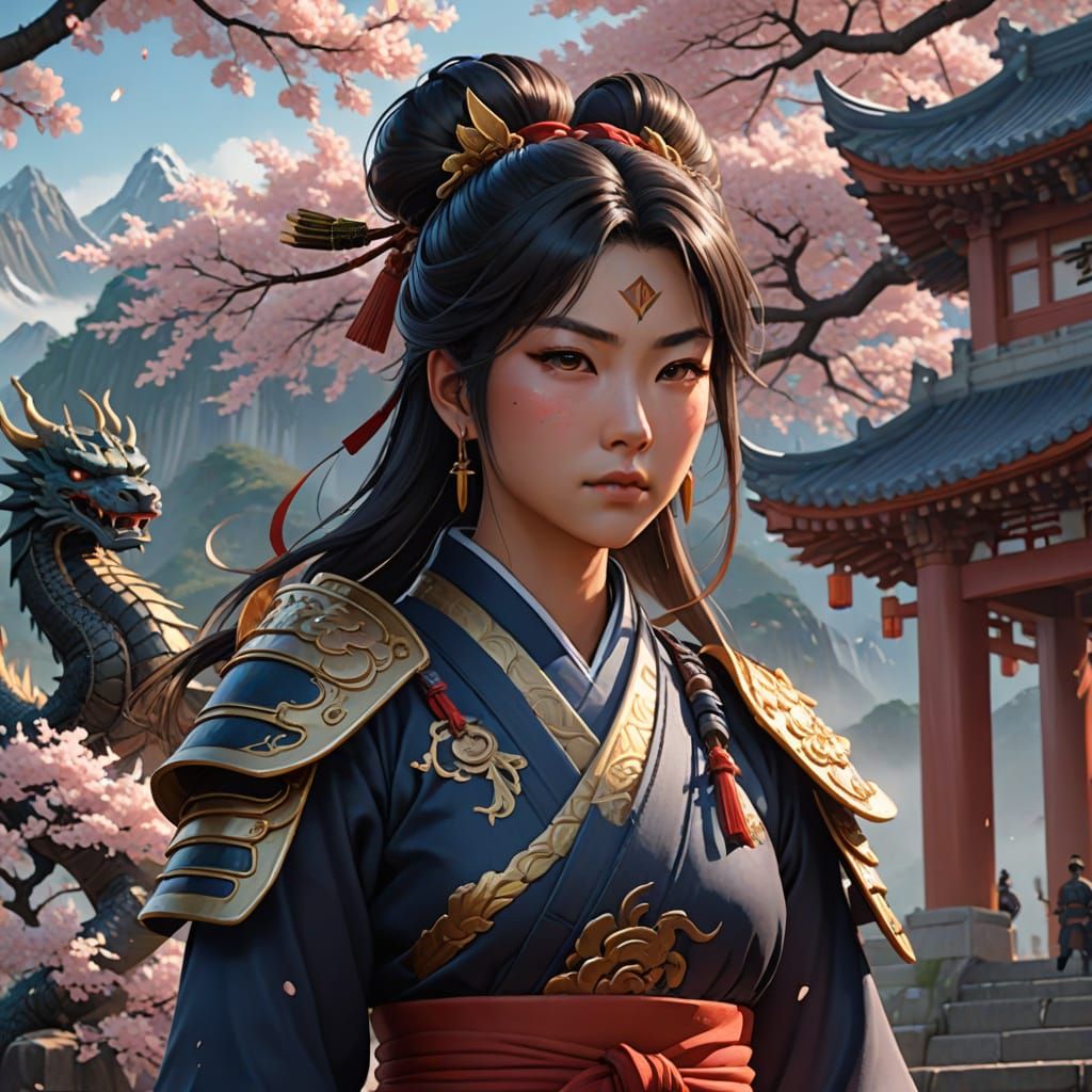 Majestic Samurai Meets Chinese Dragon in Golden Hour