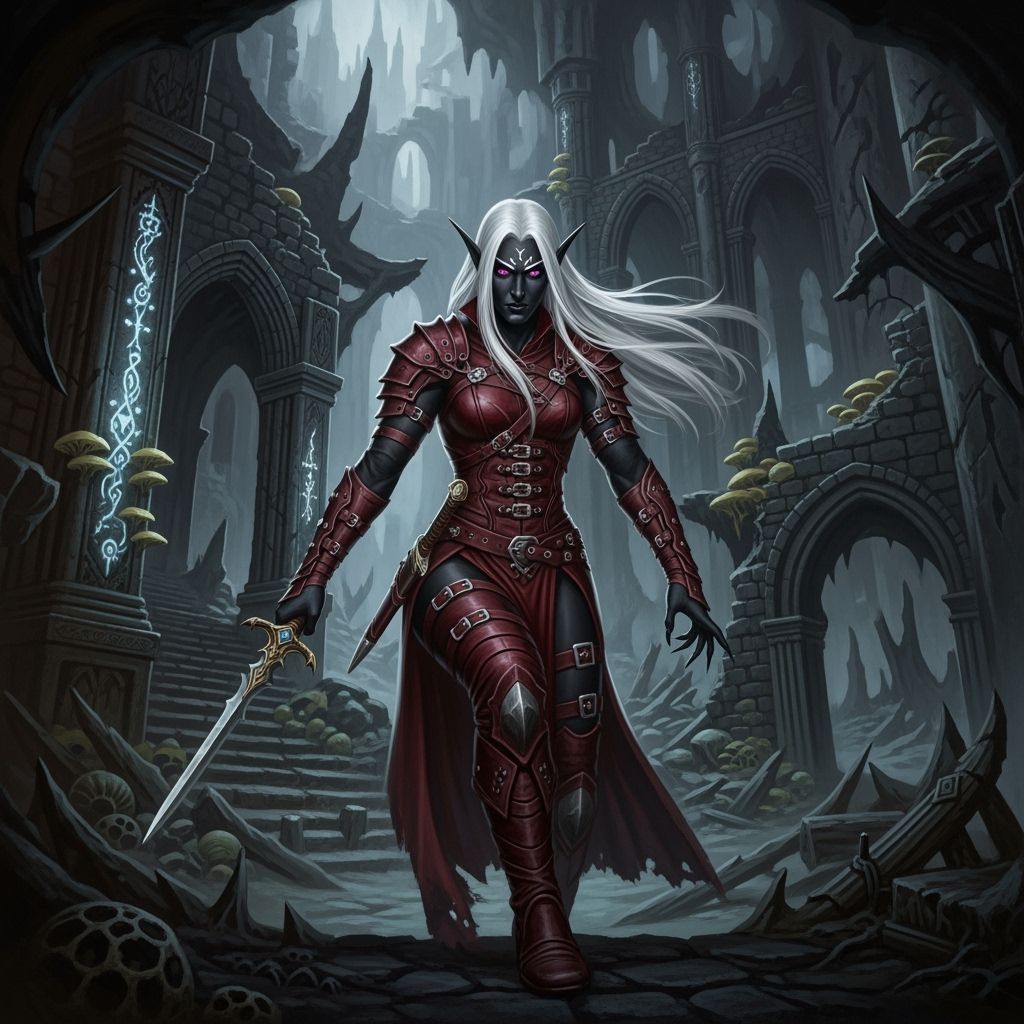 Drow Elf Lost in Evil City, Armed with Dagger