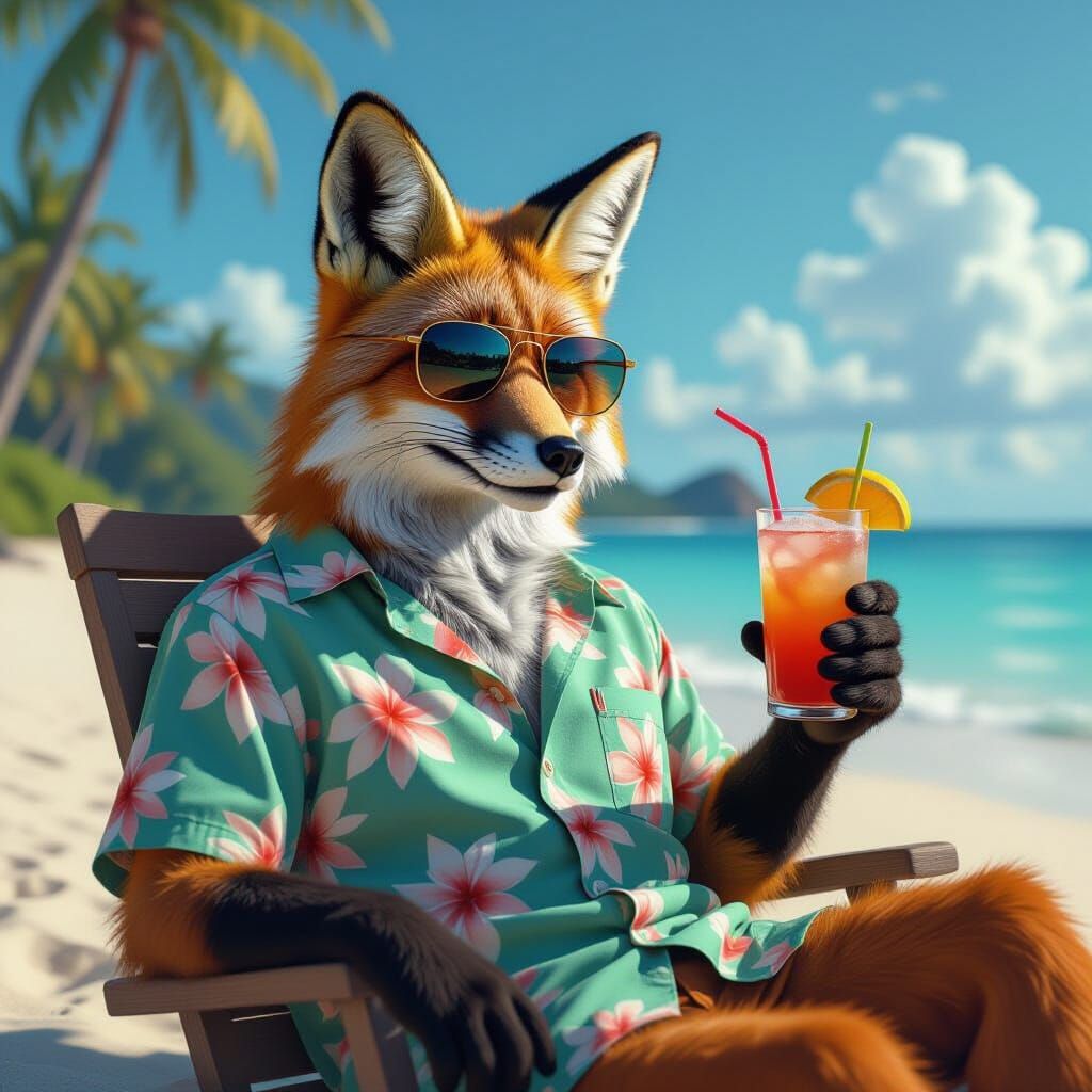 Fox on Beach with Cocktail, Hyperrealistic Render