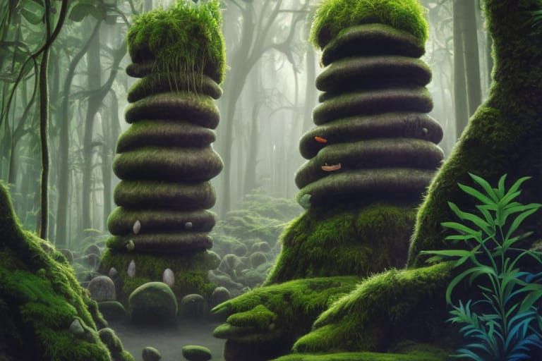 Moss-Covered Tiki Gods in Jungle Fantasy