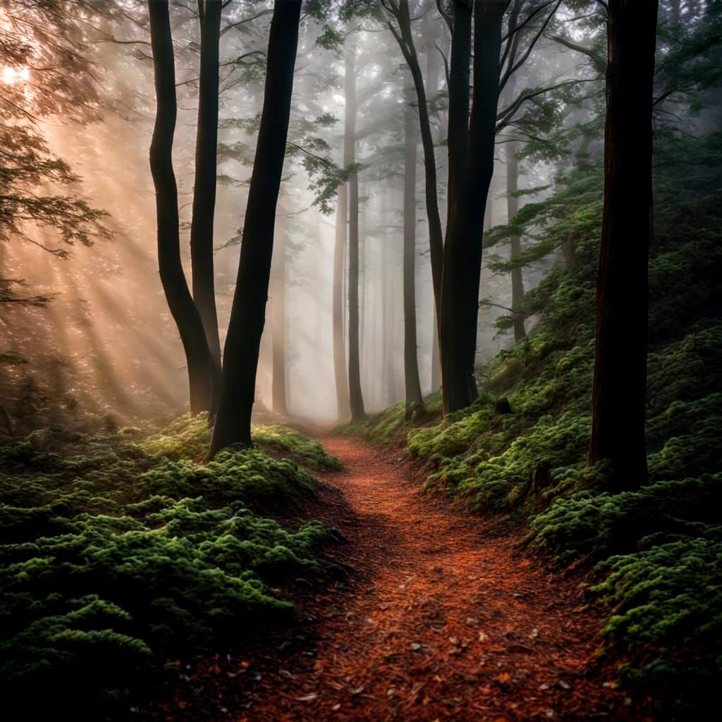 Misty Forest Trail: Deep Fog Through Tall Trees