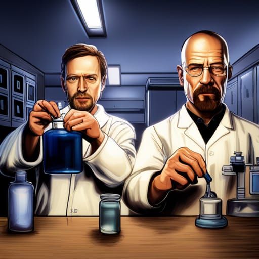 Futuristic Lab: Two Men Mixing Glowing Blue Crystal