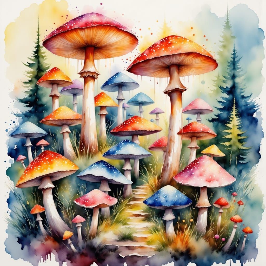 Whimsical Mushroom Forest in Abstract Watercolor Style