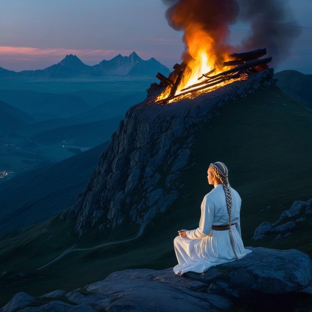 Brunhilde Awaits Siegfried Amidst Mountain Fire