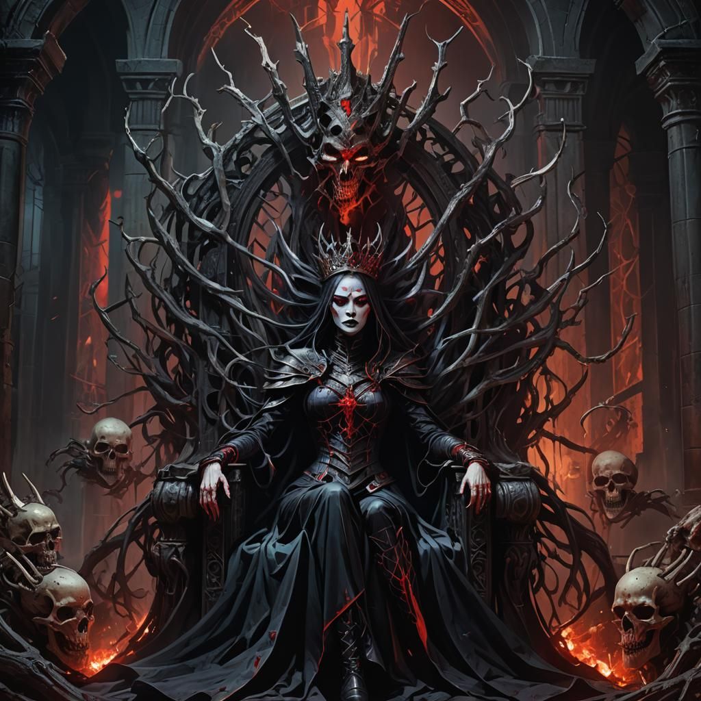 Female Dark Overlord on Bone Throne: Dark Fantasy Art