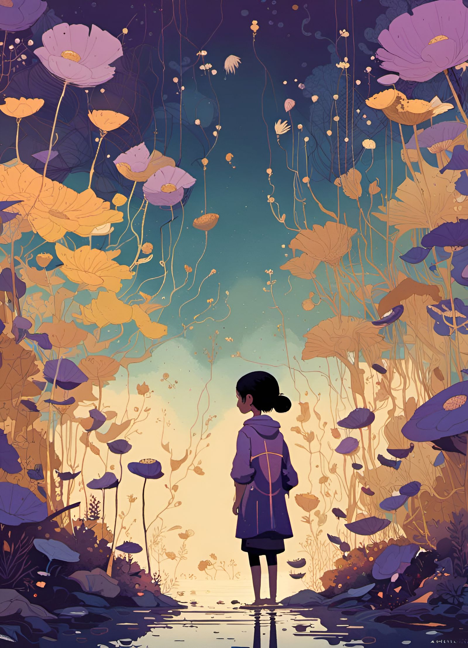 Gold and Purple Flowers in Composite Art Style