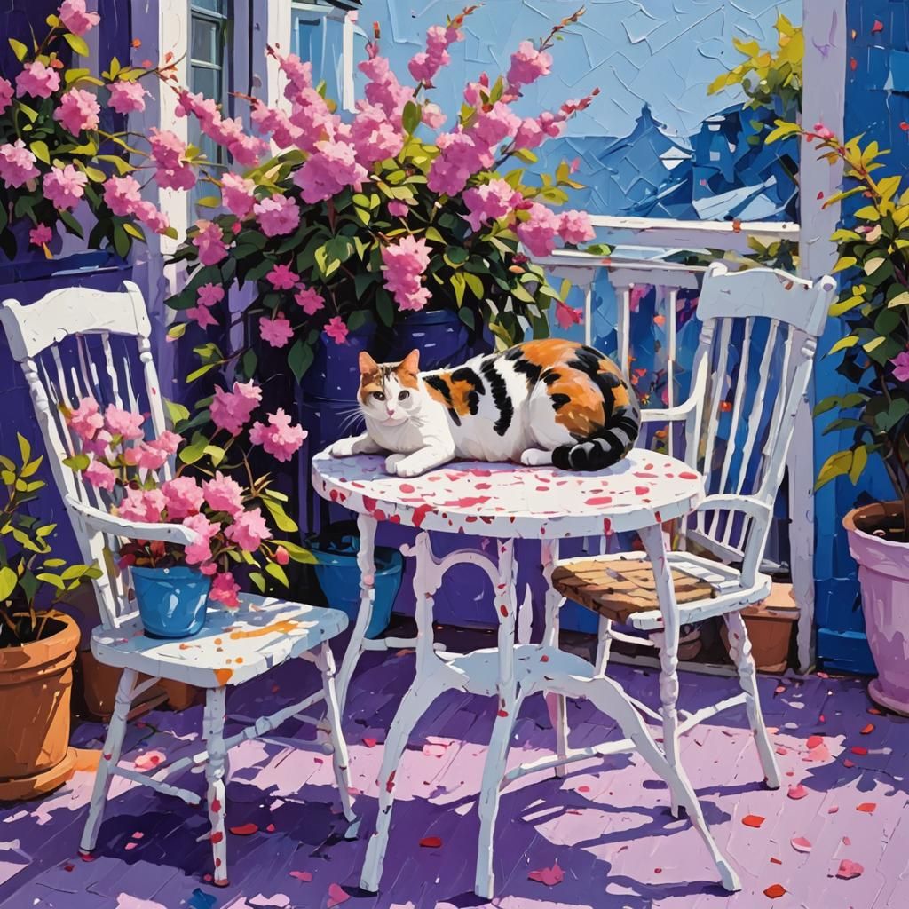 Impasto Painting of Cat Toy in Balcony Garden