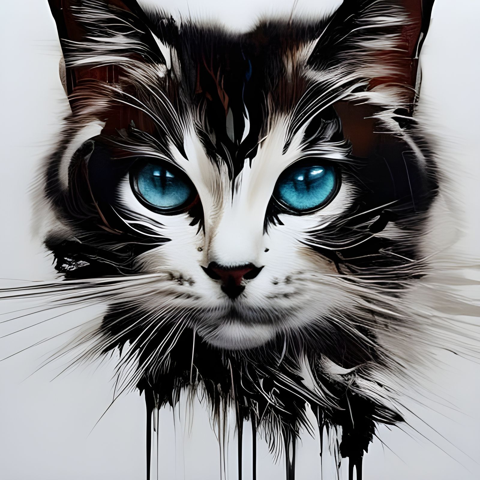 Adorable White Cat Portrait as Inkblot Oil Painting