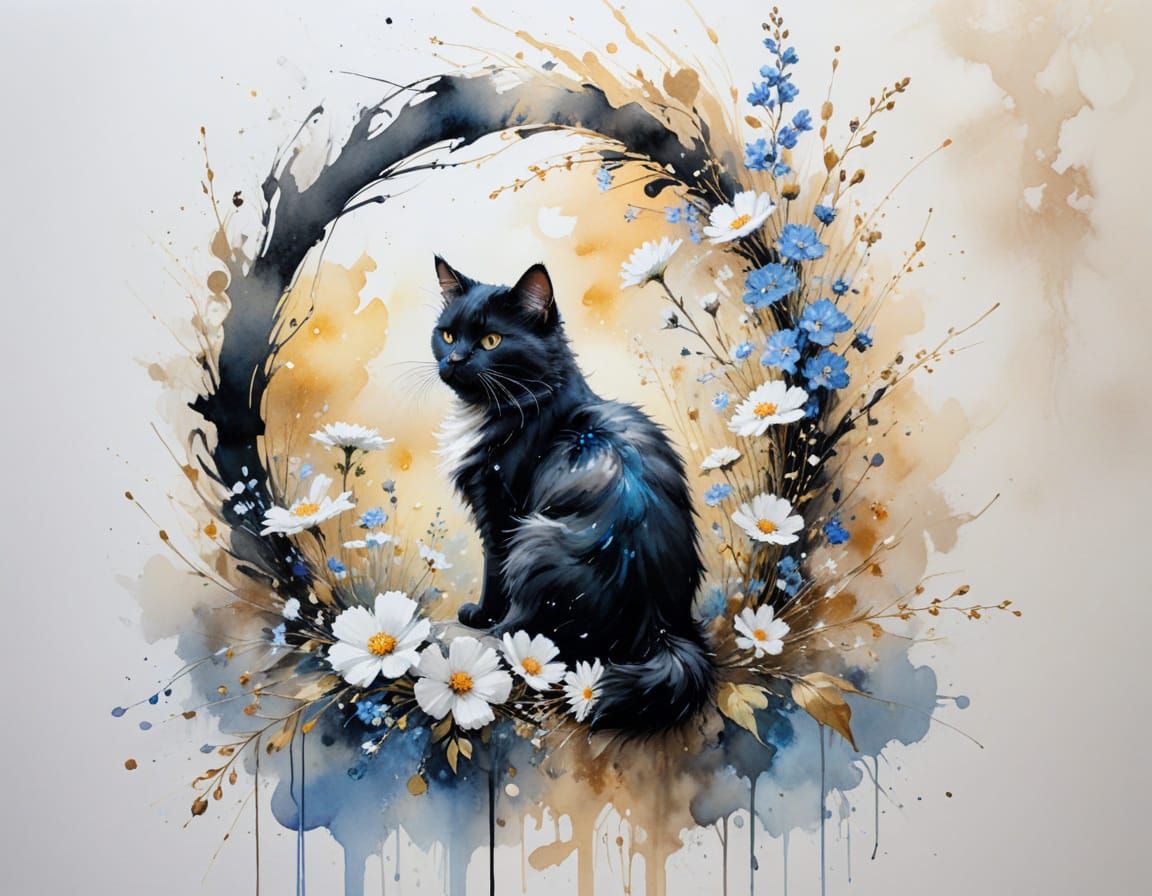 Black And Blue Angora Cat on Flower Branch
