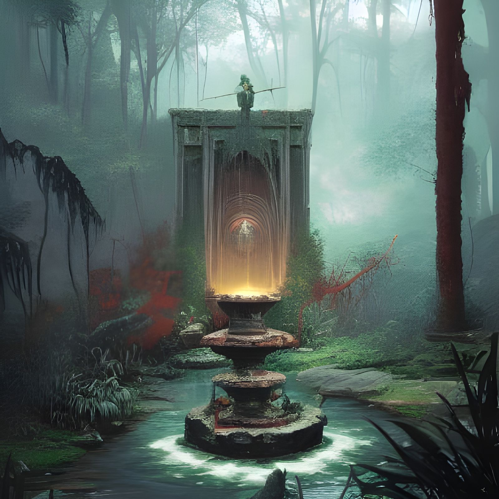 Surreal Blood Fern Fountain: Hyperdetailed Photorealism