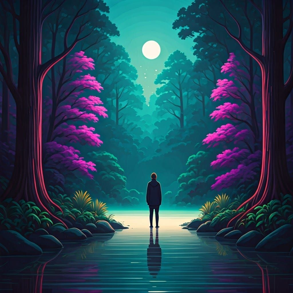 Misty Moonlit Lake: Neon Surreal Digital Painting