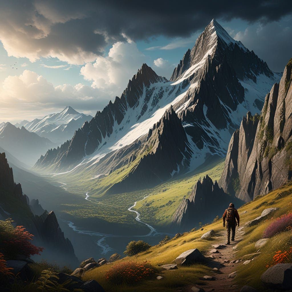 Fantastical Mountain Climbing Day Matte Painting