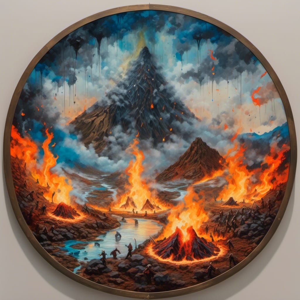 Volcano Map Ablaze: Vivid Oil Painting