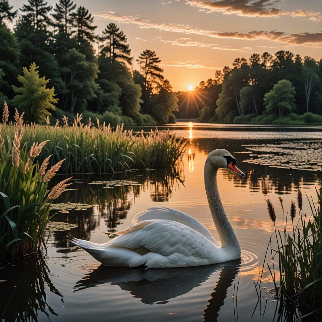 Ethereal Swan in Sunset Reflections