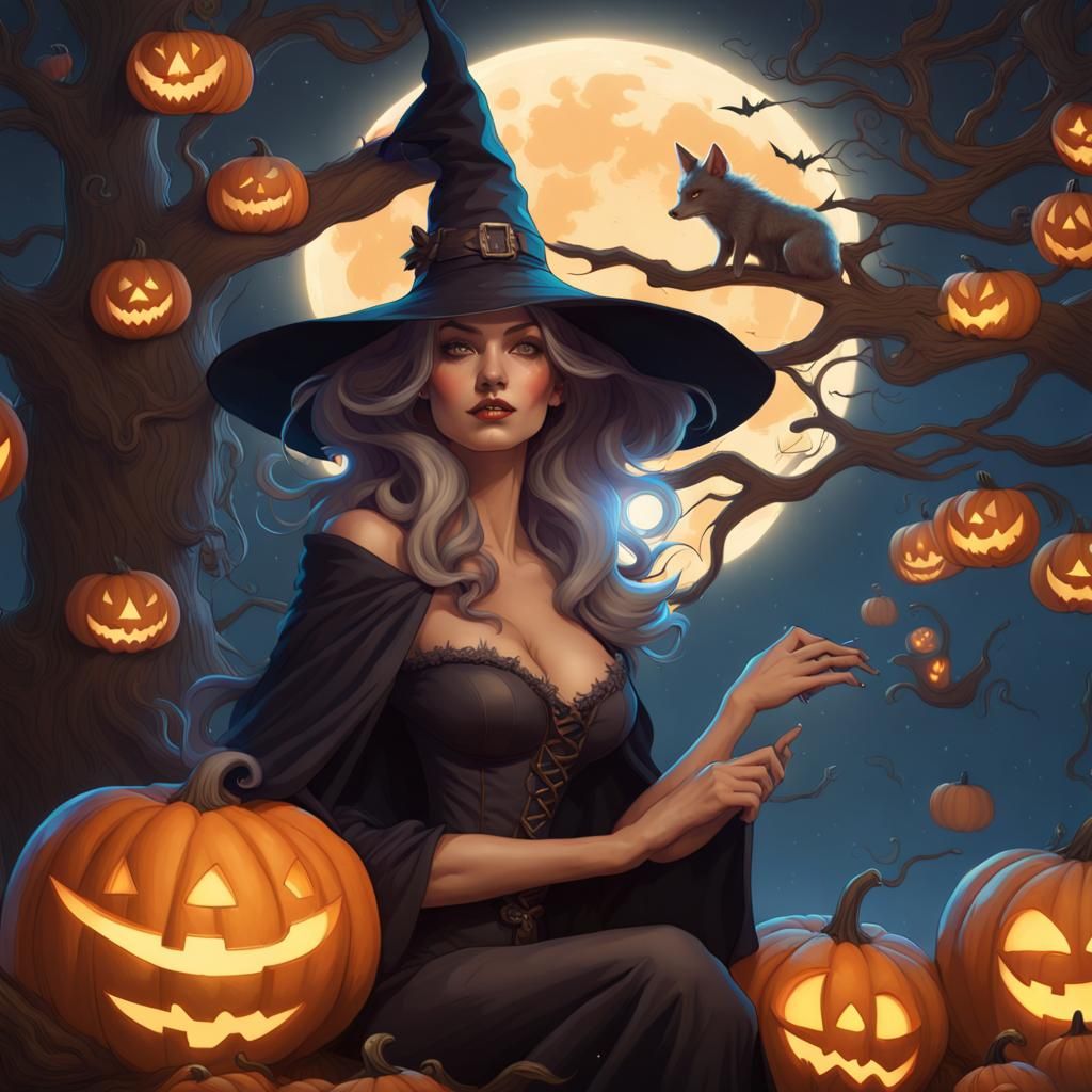 Whimsical Witch Portrait with Pumpkins, Full Moon