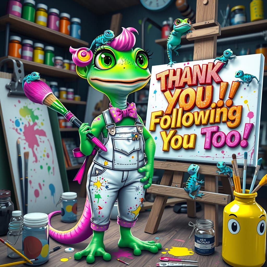 A bright neon green humanoid female gecko artist, with giant expressive neon green eyes and long black eyelashes, wearin...