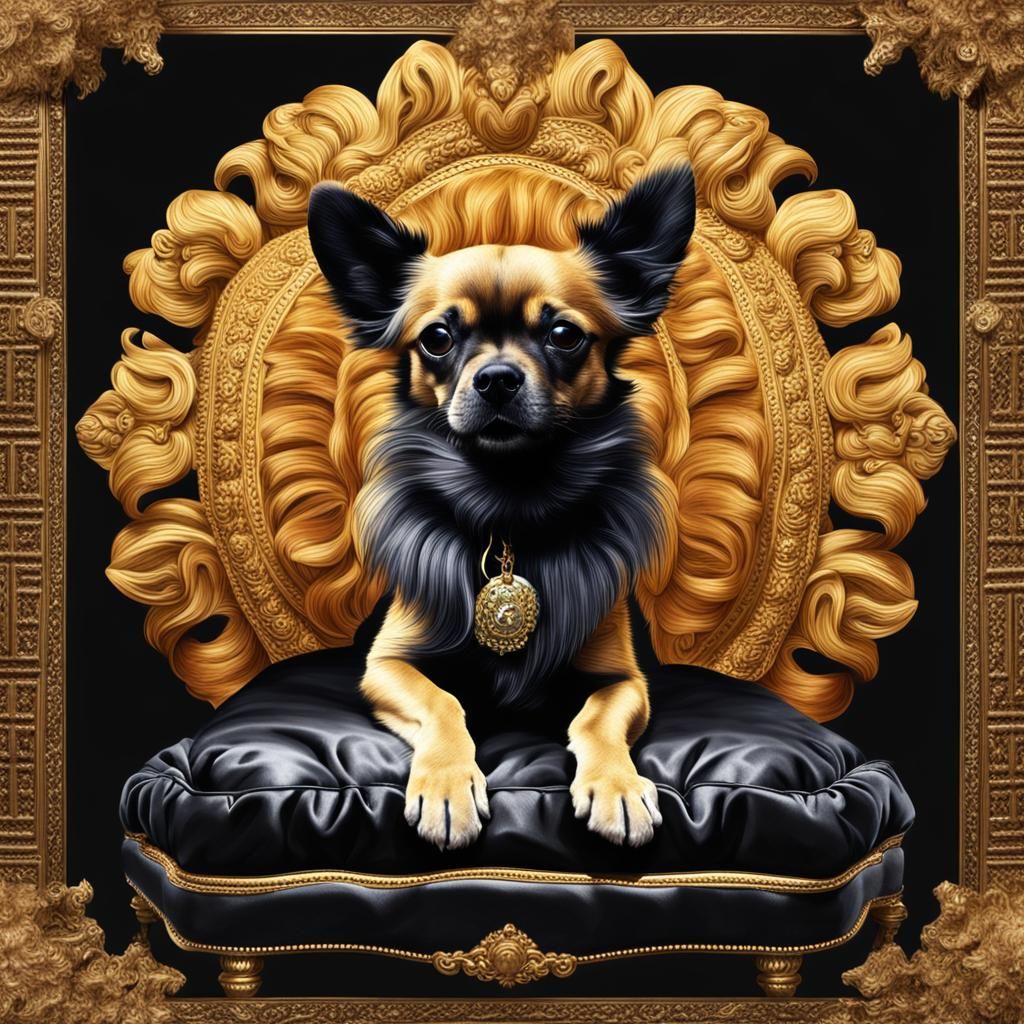 Surreal Lion-Chihuahua Mix on Golden Dog Bed