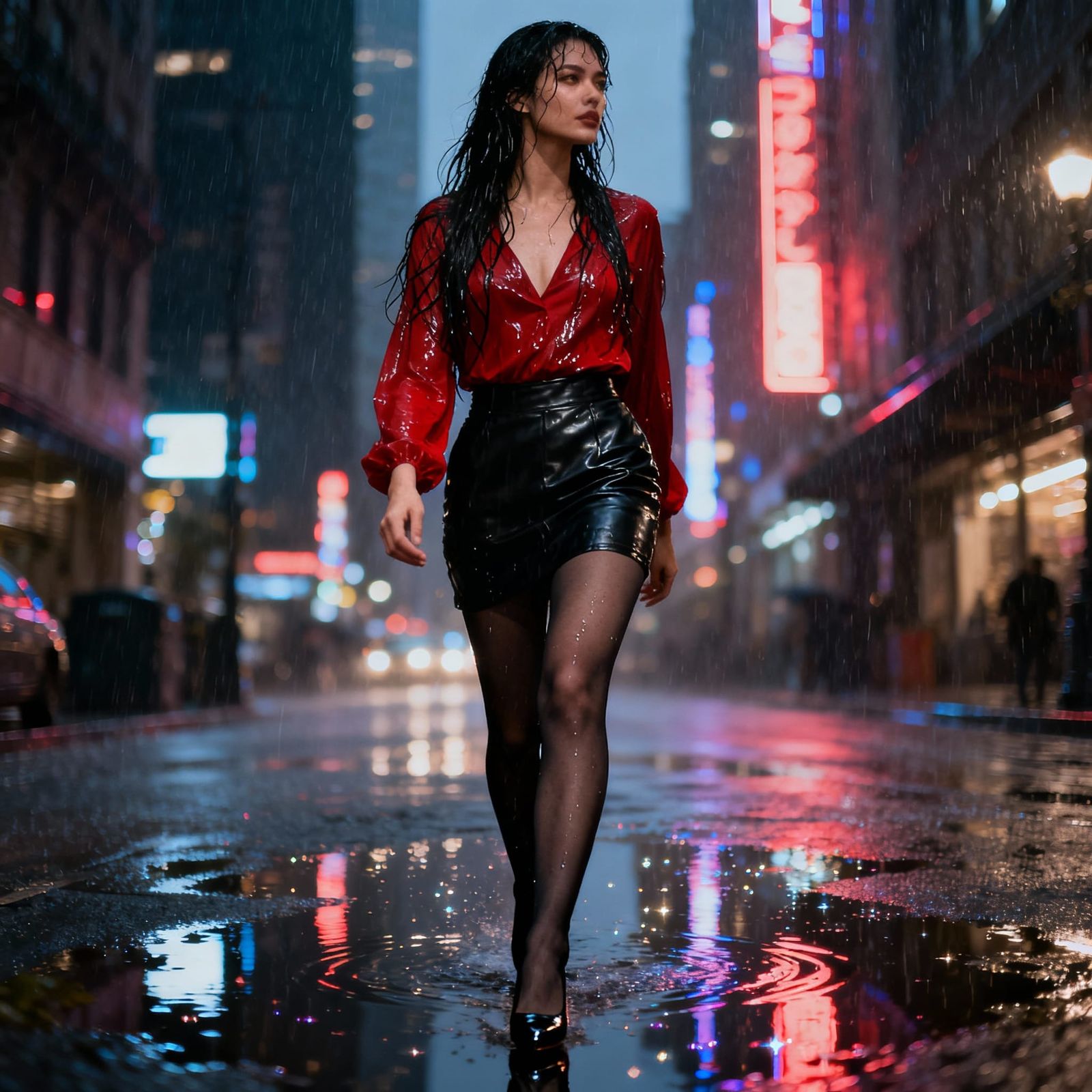 Woman in Red Top Walks Through Rainy City Streets