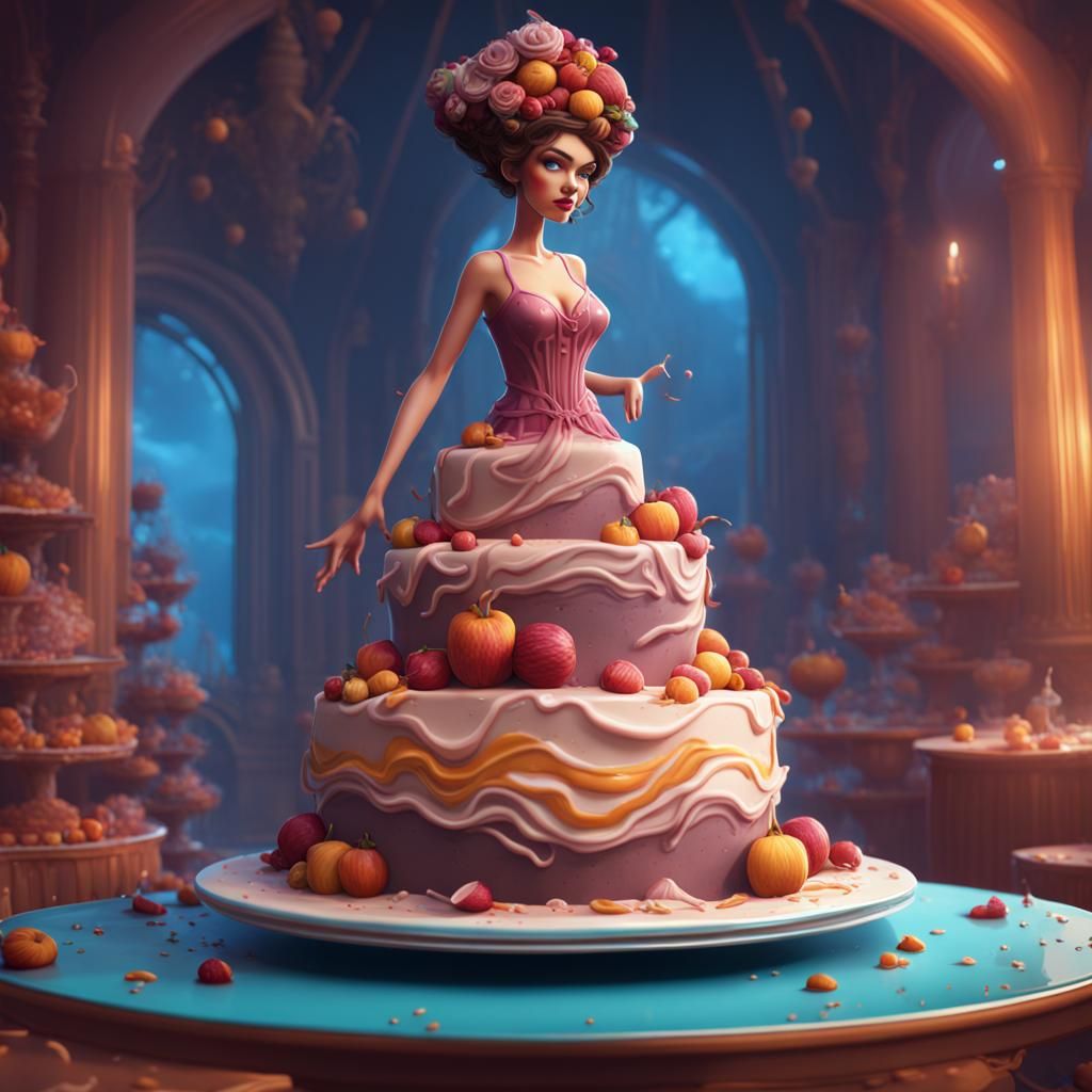 Cartoon Woman Emerges from Cake: Detailed Digital Art