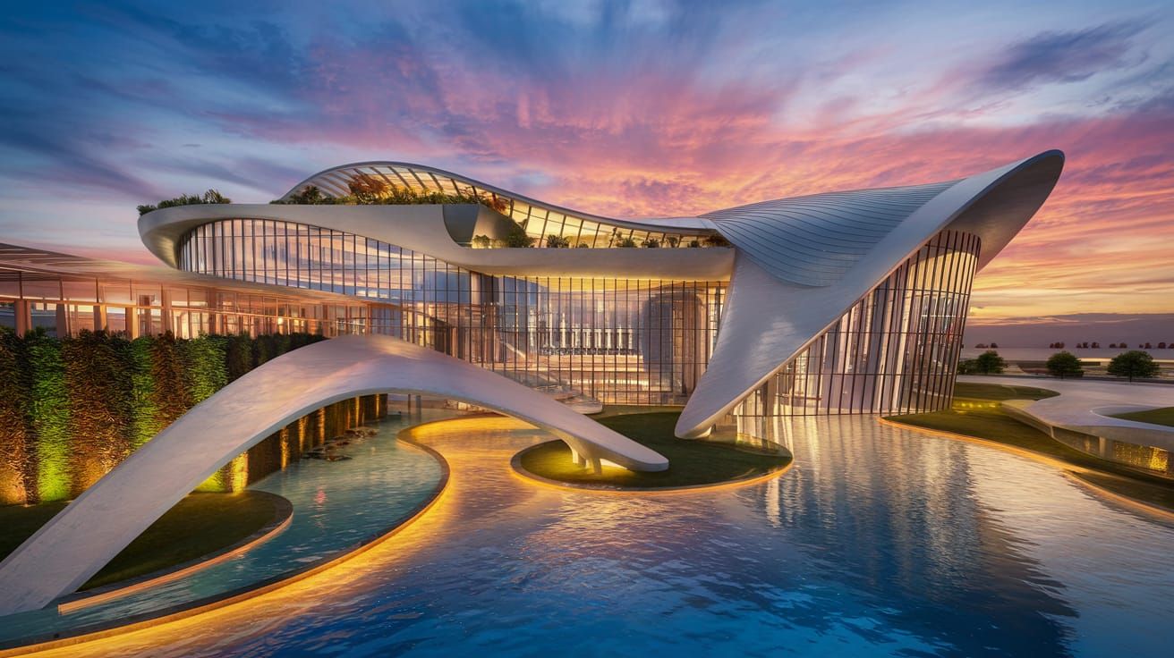 Modern Architecture Masterpiece at Sunset