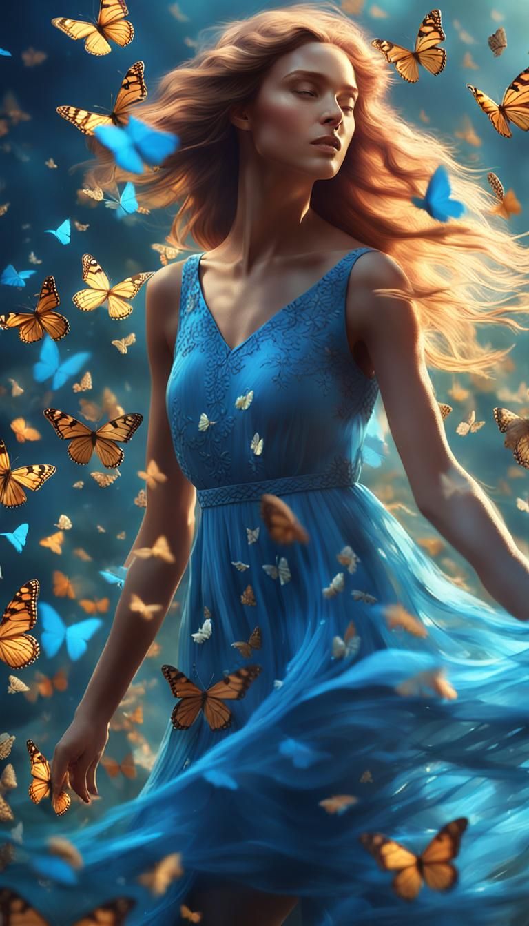 Woman in Blue Dress with Butterflies, Digital Art