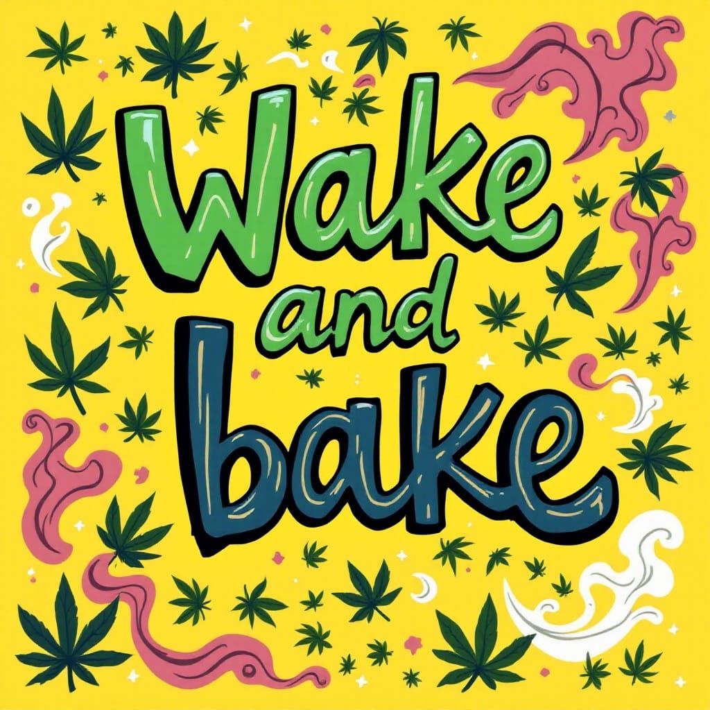 Whimsical Cannabis-Inspired Wallpaper in Bold Cursive Cartoo...