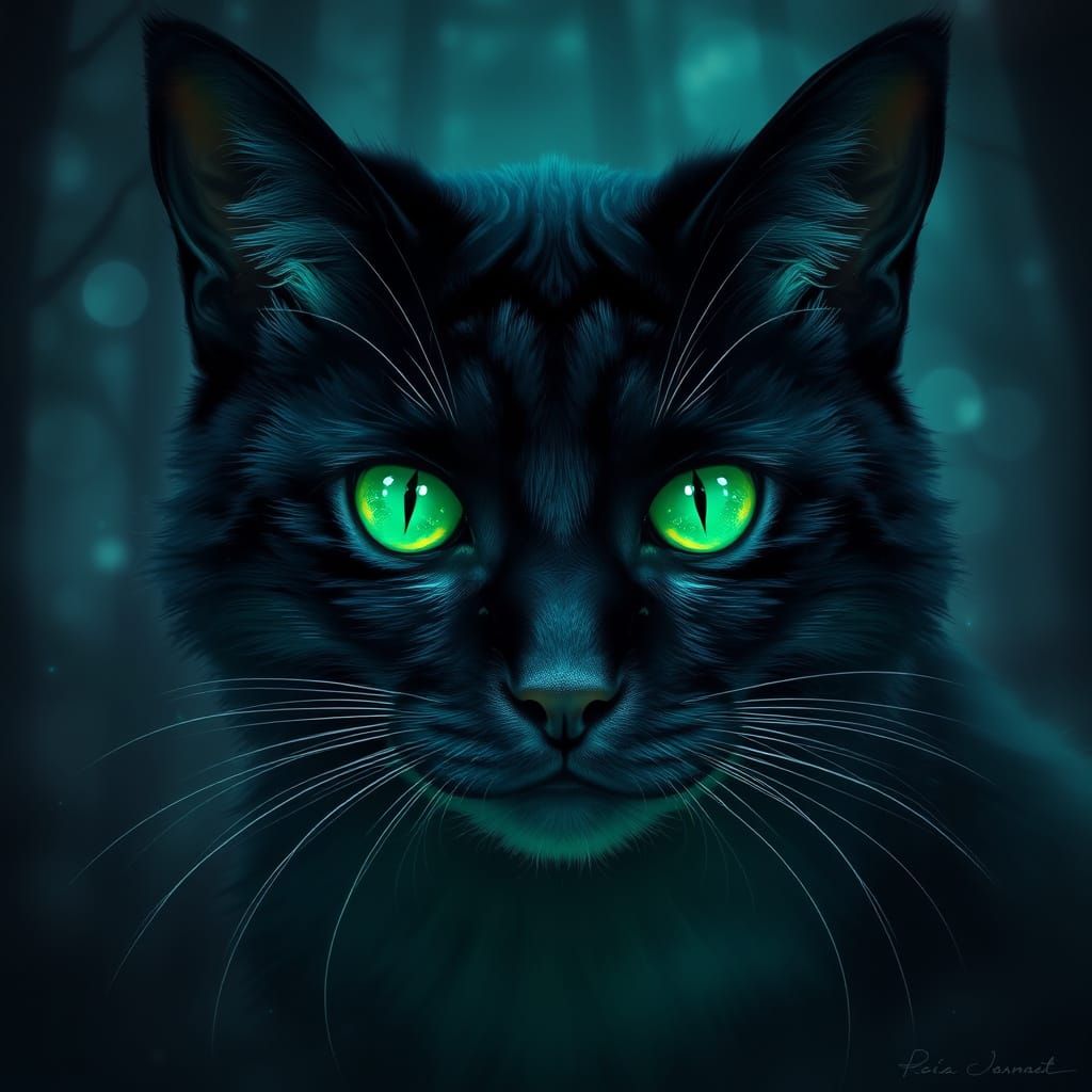 Bioluminescent Black Cat in Foggy Forest