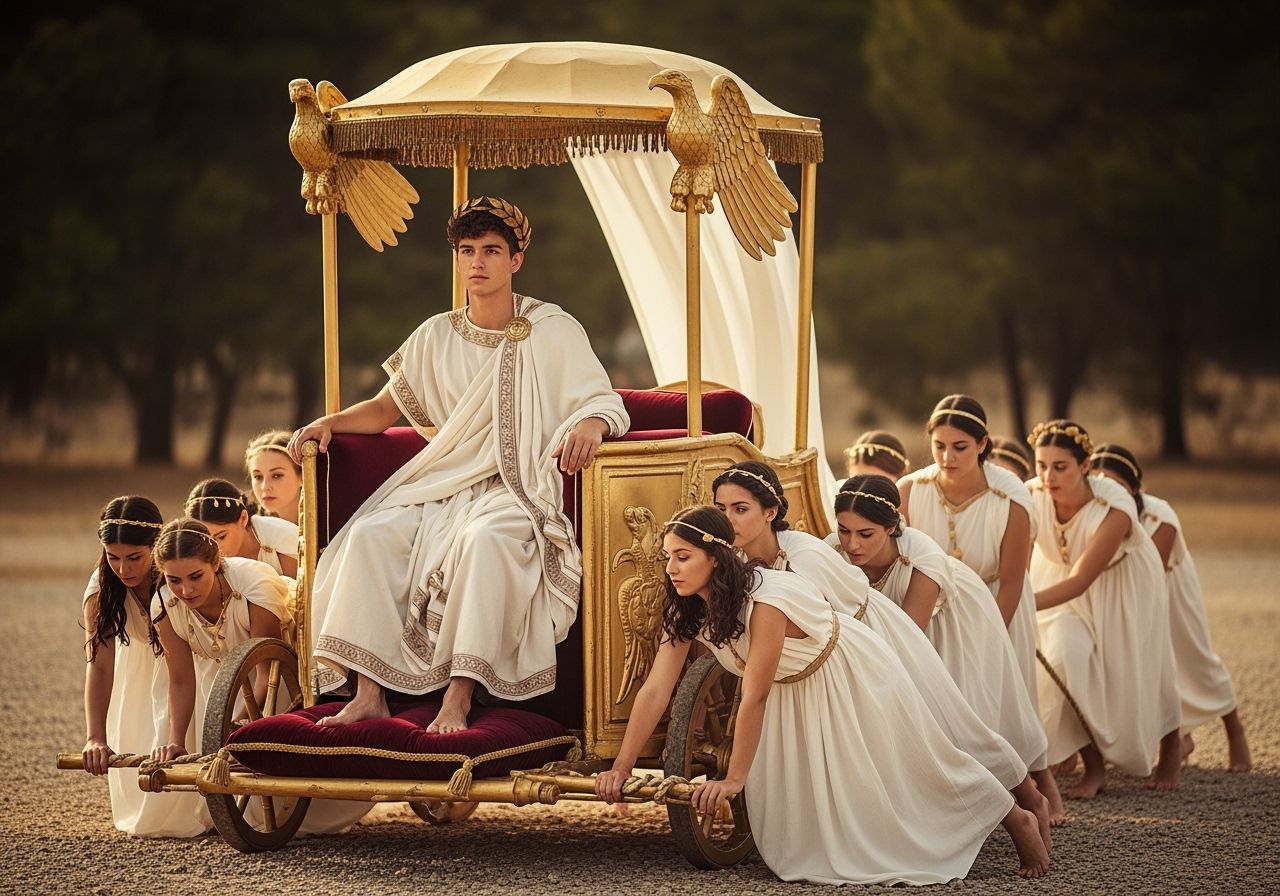 Young Roman Emperor on Imperial Gold Throne Chariot