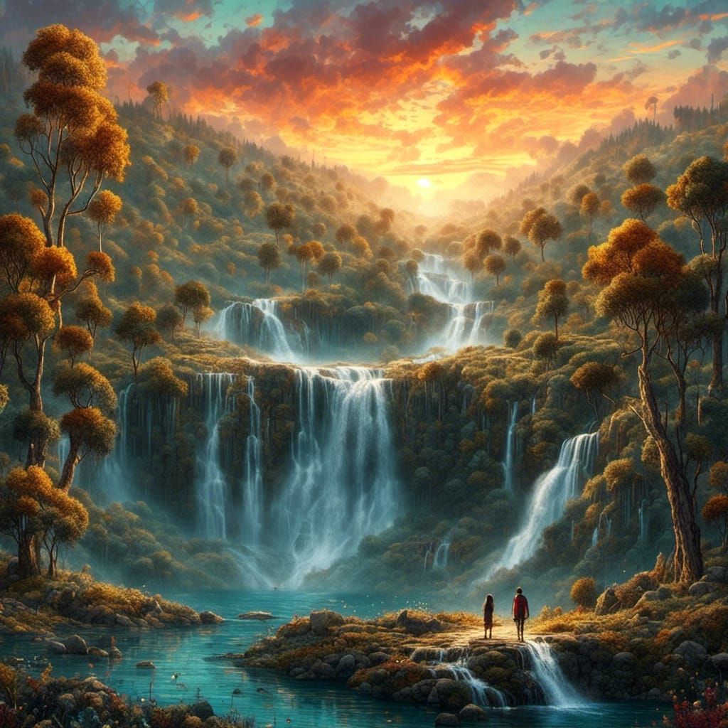 Surreal Waterfall Landscape in Mosaic Beauty Style