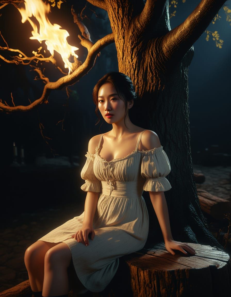 Korean Woman by Firelight: Old Masters Style Oil Painting