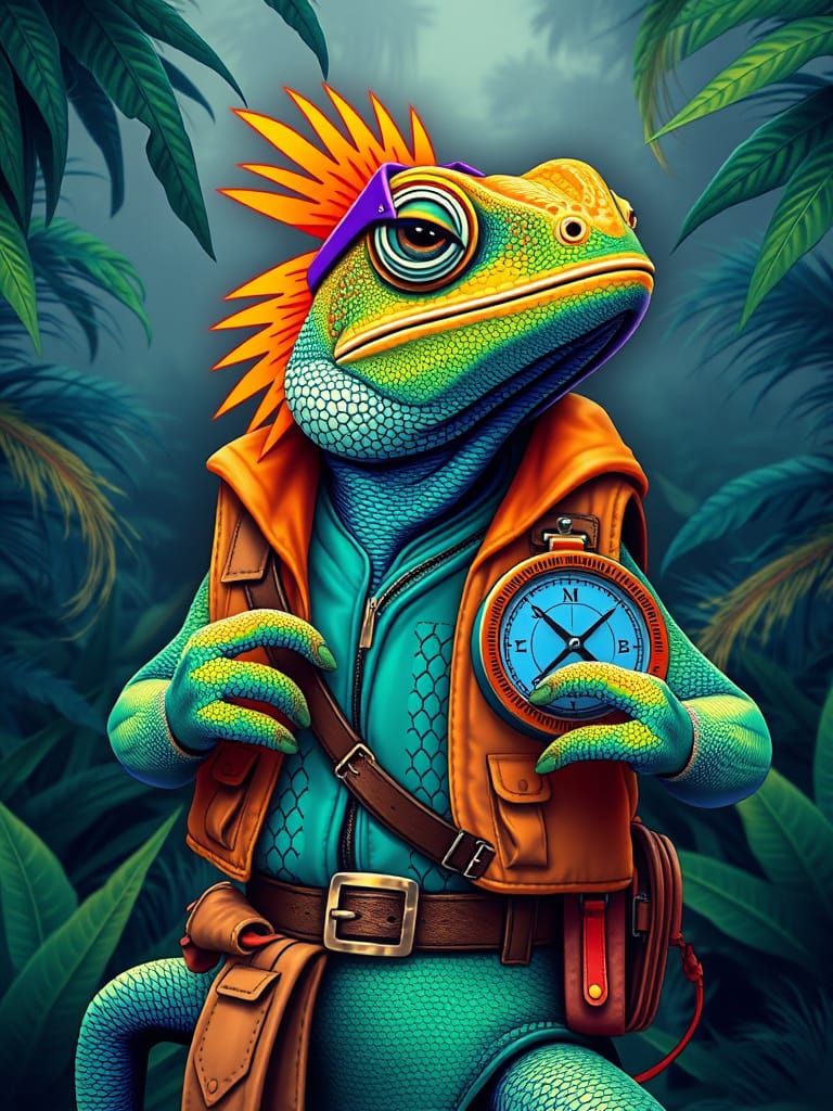 Fluorescent Iguana Navigator in Psychedelic Pop Art Style
