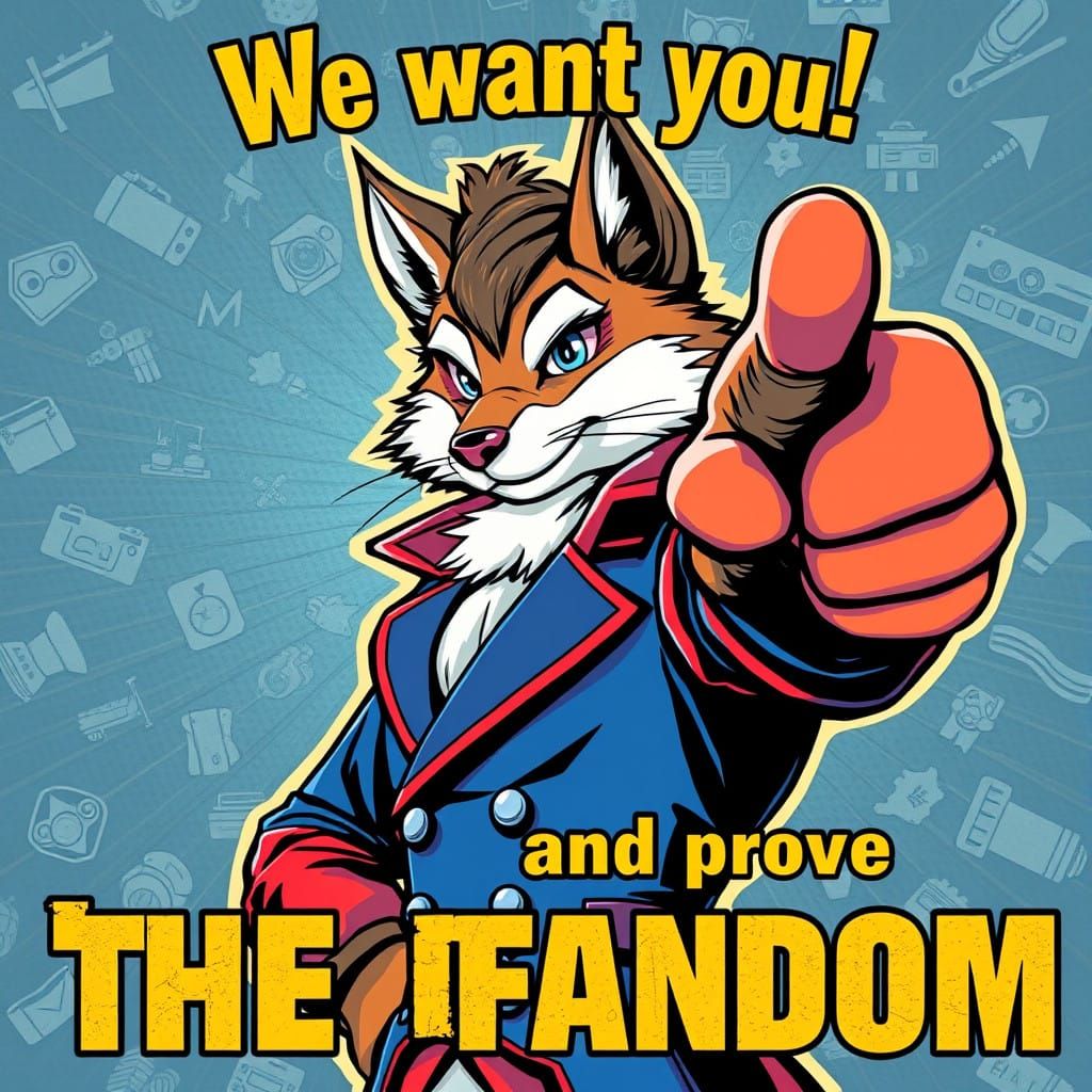 An image of a propaganda war poster featuring a furry pointing at the viewer words overlaid read "We want you! Enlist an...
