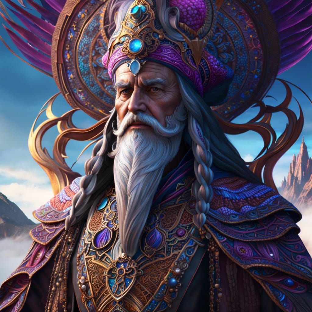 Mystical Sorcerer Weaving Spells in Psychedelic Realm