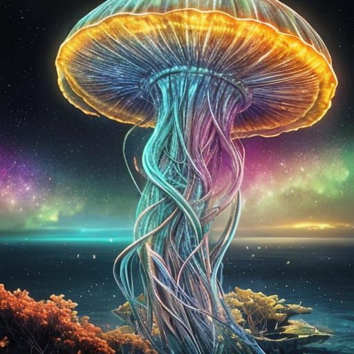 Bioluminescent Jellyfish Drifting Through Nebula in Digital ...