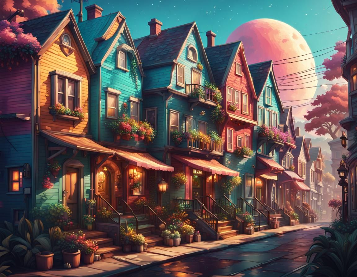 Colorful Houses in Dream City: Retro Fairycore Art